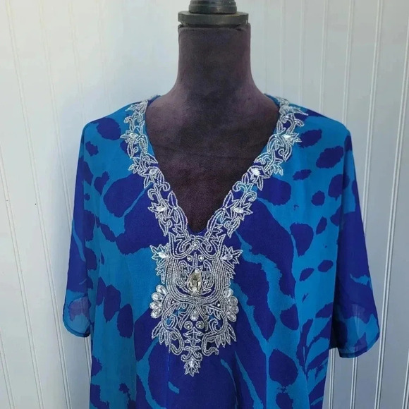 Natural Impression Sheer Caftan Beaded Rhinestone Coverup Swim Dress Blue OS - Picture 7 of 11